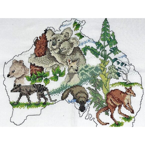 Vintage Cross Stitch Australia Map Animals Flowers Tablecloth 52x72 White OOAK - Picture 1 of 16